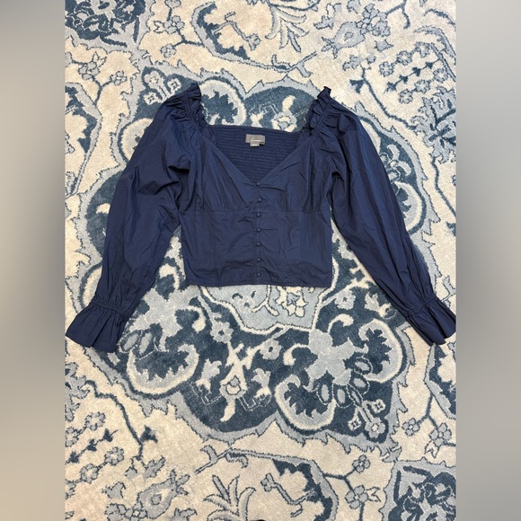 ANTHROPOLOGIE Navy Blue Long Sleeve Blouse with Puff Sleeves Smocked Back Sz XL - Picture 2 of 7